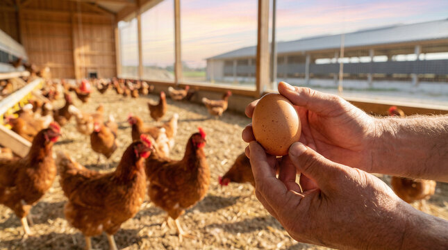 Healthy Laying Hens in Modern Poultry Farm with Farmer Holding Brown Egg, Symbol of Eggshell Strength, Calcium Nutrition and Agricultural Production