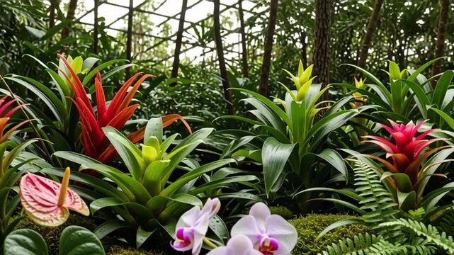 Lush Tropical Garden Display with Orchids and Bromeliads.