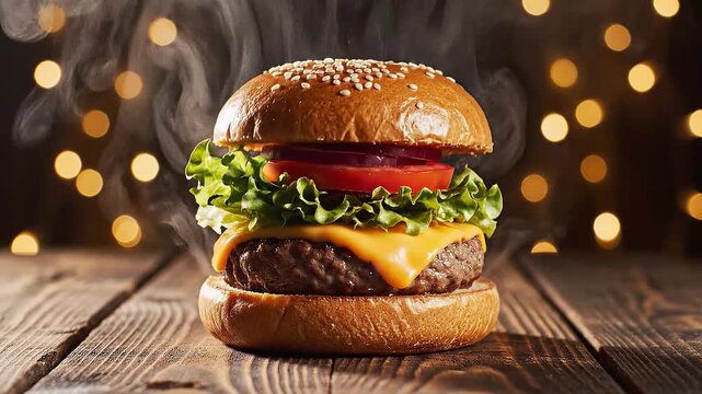 Gourmet Cheeseburger Assembly with Steaming Beef Patty and Fresh Ingredients