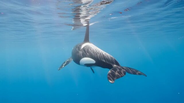 Majestic Orca Swimming Gracefully Underwater in the Deep Blue Ocean with Sunlight Reflecting.