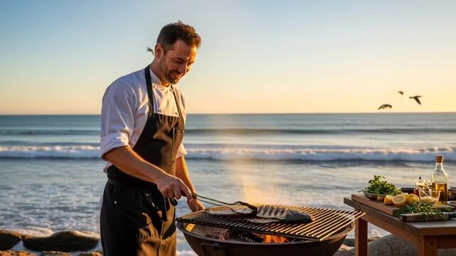 Man Grilling Fish on Beach at Sunset with Birds Flying Overhead.