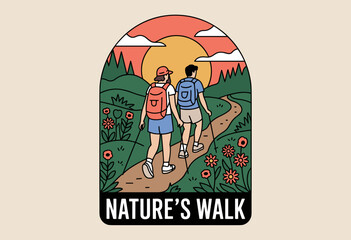 Joyful Hikers Embracing Nature&rsquo;s Walk on Scenic Trail at Sunset with Vibrant Floral Accents