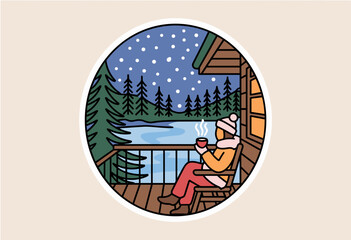 Cozy Winter Retreat: Enjoying a Warm Drink on a Snowy Porch with Scenic Pines and Calm Waters