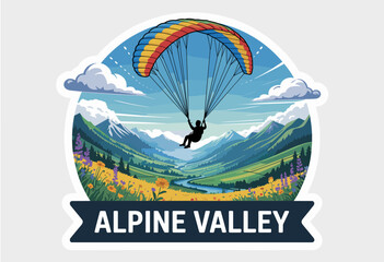 Adventurous Paragliding Over Alpine Valley with Lush Green Mountains and Vibrant Wildflowers