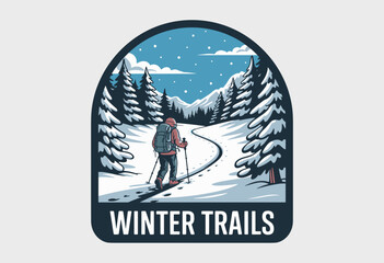 Adventurous Hiker on Winter Trails Surrounded by Snow-Covered Pines and Majestic Mountains Under a Starry Sky