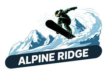 Dynamic Snowboarder in Action at Alpine Ridge with Majestic Mountains and Splashing Snow
