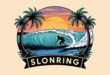 Dynamic Surfing Scene with Silhouette Surfer Riding a Wave at Sunset Surrounded by Palm Trees