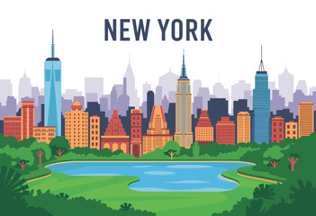 Colorful New York City Skyline with Iconic Landmarks Framed by Lush Green Park