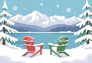 Tranquil Winter Retreat with Colorful Chairs Overlooking Snow-Capped Mountains and Serene Lake