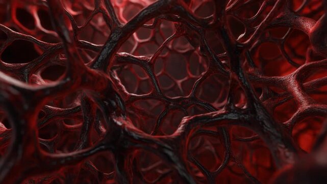 Abstract network of organic, dark red, vein-like structures with a honeycomb pattern, creating a sense of deep, internal, biological complexity