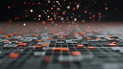 Abstract geometric pattern with orange and gray squares and blurred sparkling particles creating a dynamic and modern background for digital projects