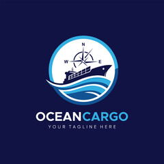 Ocean Cargo Logistics Logo Design with Ship and Compass Symbol. for ocean freight and maritime logistics company, international shipping, global trade, and marine transportation businesses.