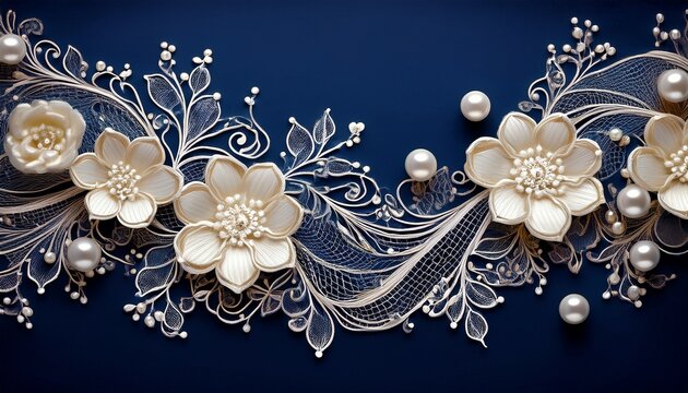 lace wedding border delicate lace floral design with pearls on dark blue background