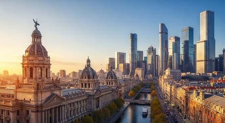 Fototapeta premium Grand urban panorama showcasing the harmonious blend of enduring architectural history and contemporary metropolitan development, architecture, dramatic, modern