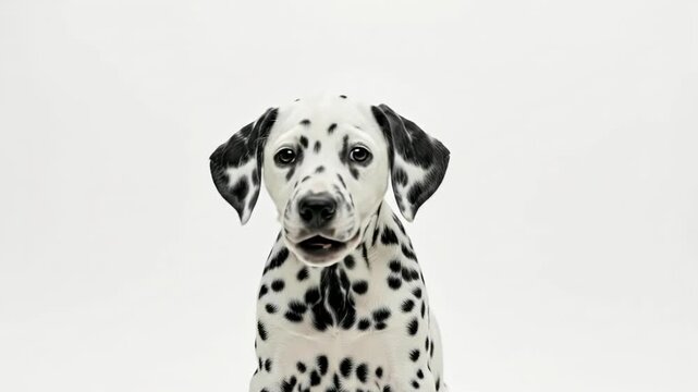 Curious Dalmatian portrait with spotted coat posed against a clean white background.