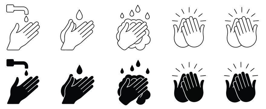 Hand washing icon collection, wash your hands symbols, water tap, soap bubble, and droplet illustrations, editable vector set, flat and stroke design