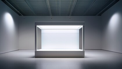 empty white display case lit from within on a white plinth in a light filled room