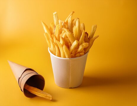french fries in a paper cup and paper cornet on yellow background