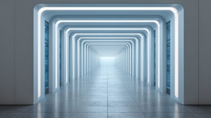 Obraz premium Futuristic corridor with glowing lines, bright walls, and smooth floor creating a surreal atmosphere in a modern architectural design setting