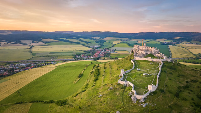 Aerial drone view of the ruins of Spis Castle in eastern Slovakia form one of the six largest castle sites in Slovakia, UNESCO Heritage listed site, Spis,Slovakia, Europe