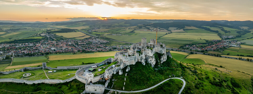 Aerial drone view of the ruins of Spis Castle in eastern Slovakia form one of the six largest castle sites in Slovakia, UNESCO Heritage listed site, Spis,Slovakia, Europe