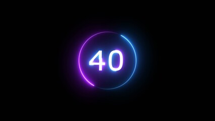Neon countdown number on black background. Glowing neon 40 number illustration.