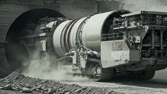 Tunnel Boring Machine Exiting Tunnel Gray Rocks and Dust Construction Heavy Equipment Underground