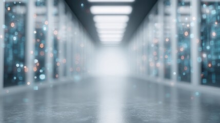Abstract futuristic data center with glowing lights and blurred perspective, representing technology, innovation, and digital transformation in the background