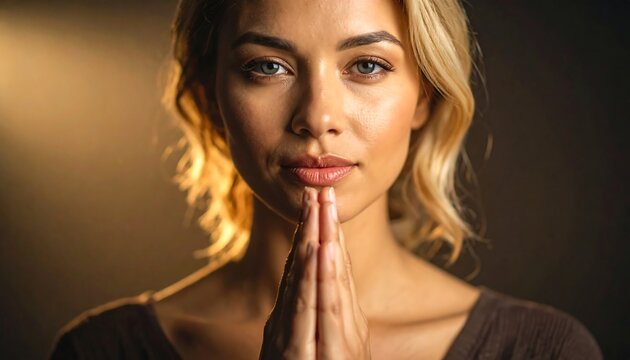 Woman in warm light holding prayer pose expressing inner peace and reflection