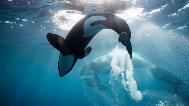 Orca whale swimming gracefully in clear blue ocean water with sun rays shining through.