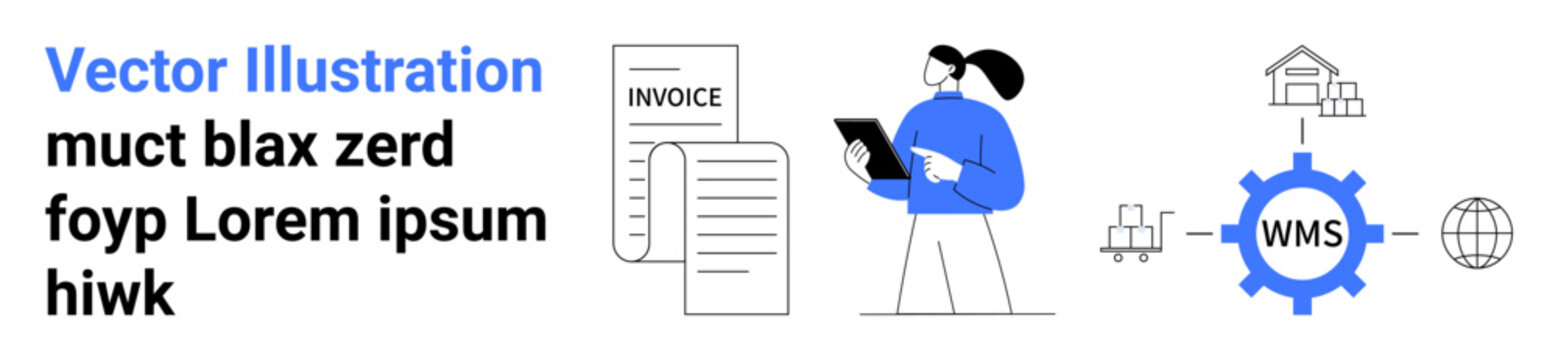 Logistics management, supply chain, inventory tracking, business analytics, document handling, technological solutions. A professional analyzing an invoice alongside WMS process visuals. Logistics