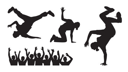 Dynamic black silhouettes capturing expressive breakdance movements and an excited cheering crowd, ideal for themes of urban culture, performance, and vibrant energy in graphic design