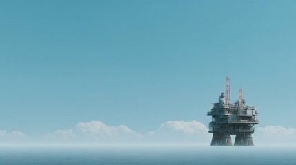 Obraz premium Offshore oil platform in calm ocean water under blue sky with clouds, marine industry and energy production concept illustration