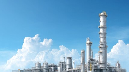 Obraz premium Modern Industrial Complex Against a Blue Sky with Soft Clouds, Showcasing Energy Production and Architectural Engineering in a Bright Environment