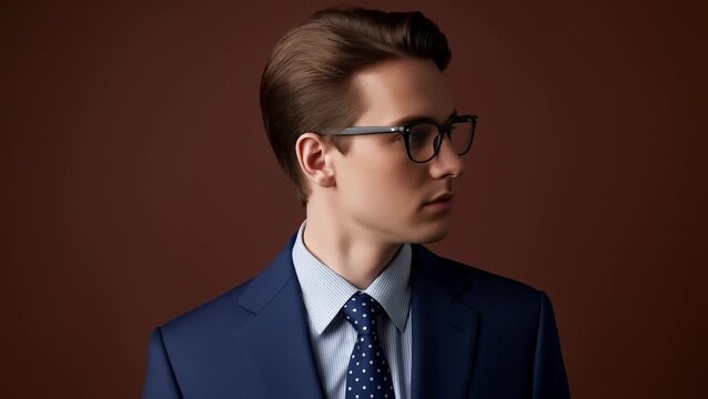 Young Professional Man in a Suit and Glasses Looking Confidently Sideways, Studio Portrait