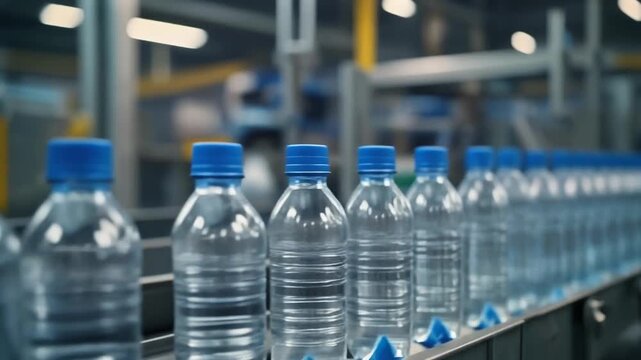Rows of clear plastic water bottles with blue caps on an automated conveyor belt in a modern industrial bottling plant, showcasing the streamlined production and packaging of drinking water