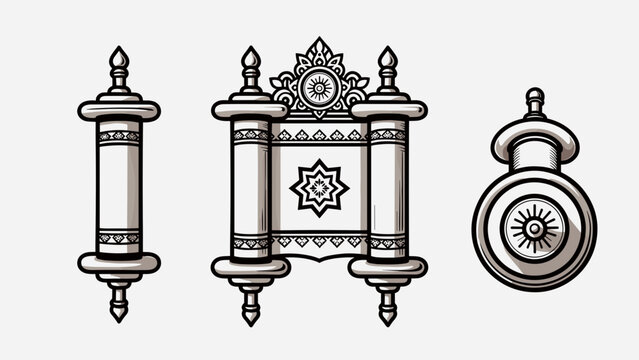 Jewish Torah scroll vector icons set. Open manuscript with Star of David and closed roll. Ancient religious symbol and seal design elements isolated.