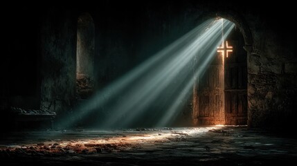Ethereal light beams illuminate a mysterious ancient doorway with a glowing cross symbol