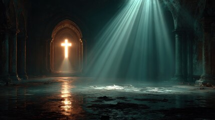 Mystical divine light illuminates a grand gothic cathedral interior with a glowing cross