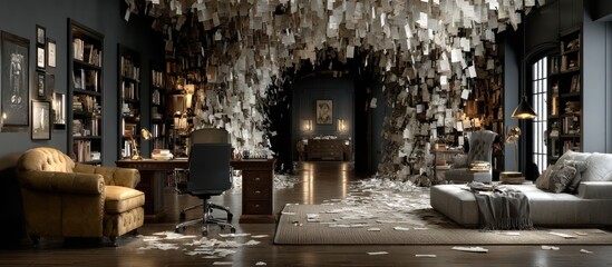 Surreal Study Filled With Suspended Notes and Books A Vision of Organized Chaos and Intellectual