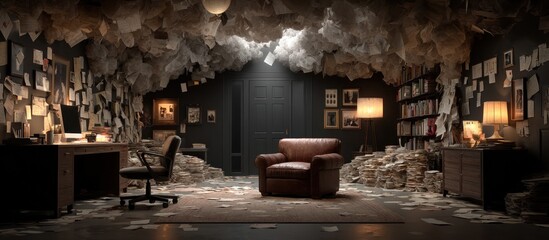 A cluttered writer's study filled with papers and books creating a surreal and atmospheric scene