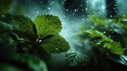 Close-up of lush green leaves glistening with water droplets in a misty atmosphere