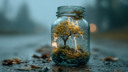 Enclosed Miniature World A Tree Captured Inside a Jar Amidst Lightning Strikes