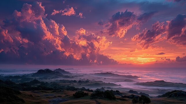 Dramatic sunset over misty mountains and ocean with vibrant, colorful clouds painting the sky
