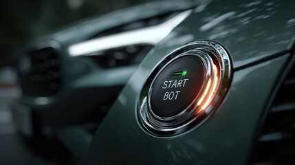 Close-up of a modern car's start bot button with glowing orange lights and green indicator