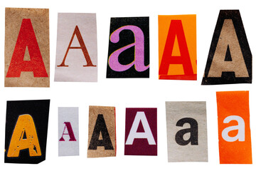 Letter A cut out from vintage magazines and newspapers, set of ransom letters isolated for collage © Lyalya Go