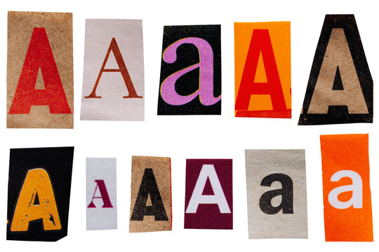 Letter A cut out from vintage magazines and newspapers, set of ransom letters isolated for collage
