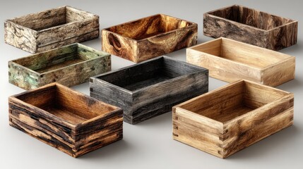 Collection of Rustic Wooden Boxes Displaying Various Wood Grains and Finishes on a Light Surface