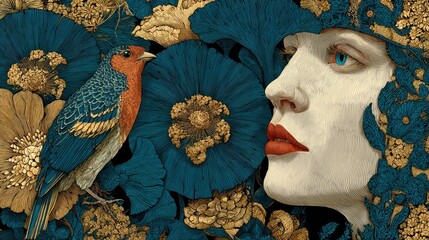 Enchanting Vintage Portrait of a Woman with a Robin amidst Opulent Floral Embroidery