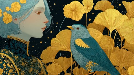 Enchanting portrait of a woman with a bluebird amidst golden foliage against a dark sky